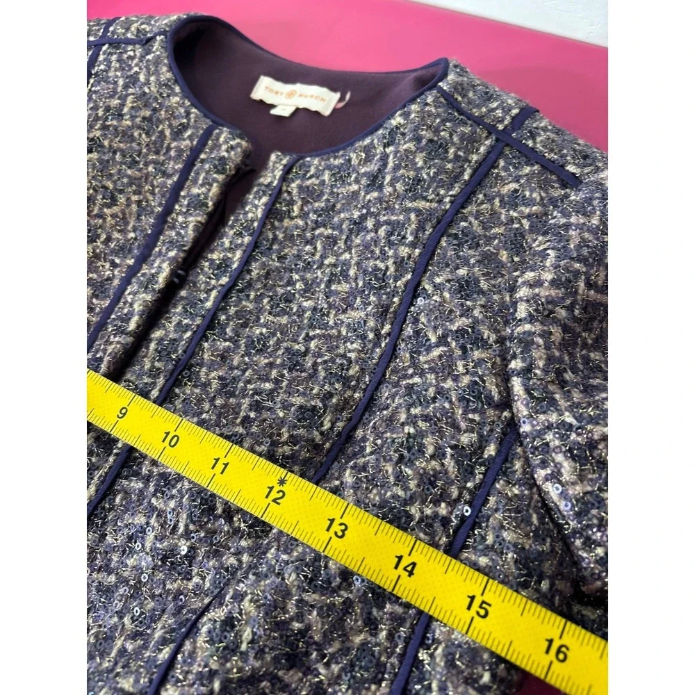 Tory Burch Womens Purple Sequin Metallic Tweed Cropped Jacket Sz 0 Career Preppy